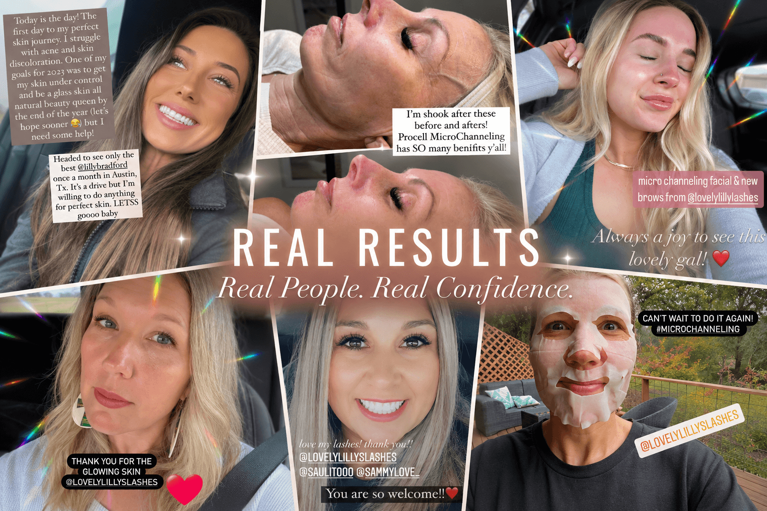 Real Results — Real People. Real Confidence. A collage of real client transformations and testimonials at Lovely Lilly's North Austin studio.