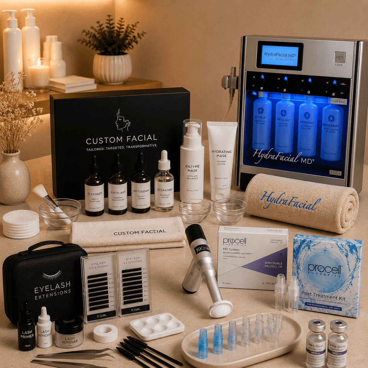 Lovely Lilly's full studio service range — HydraFacial, Procell, PRX Derm Perfexion, Custom Facial, and Lash Extensions equipment and products